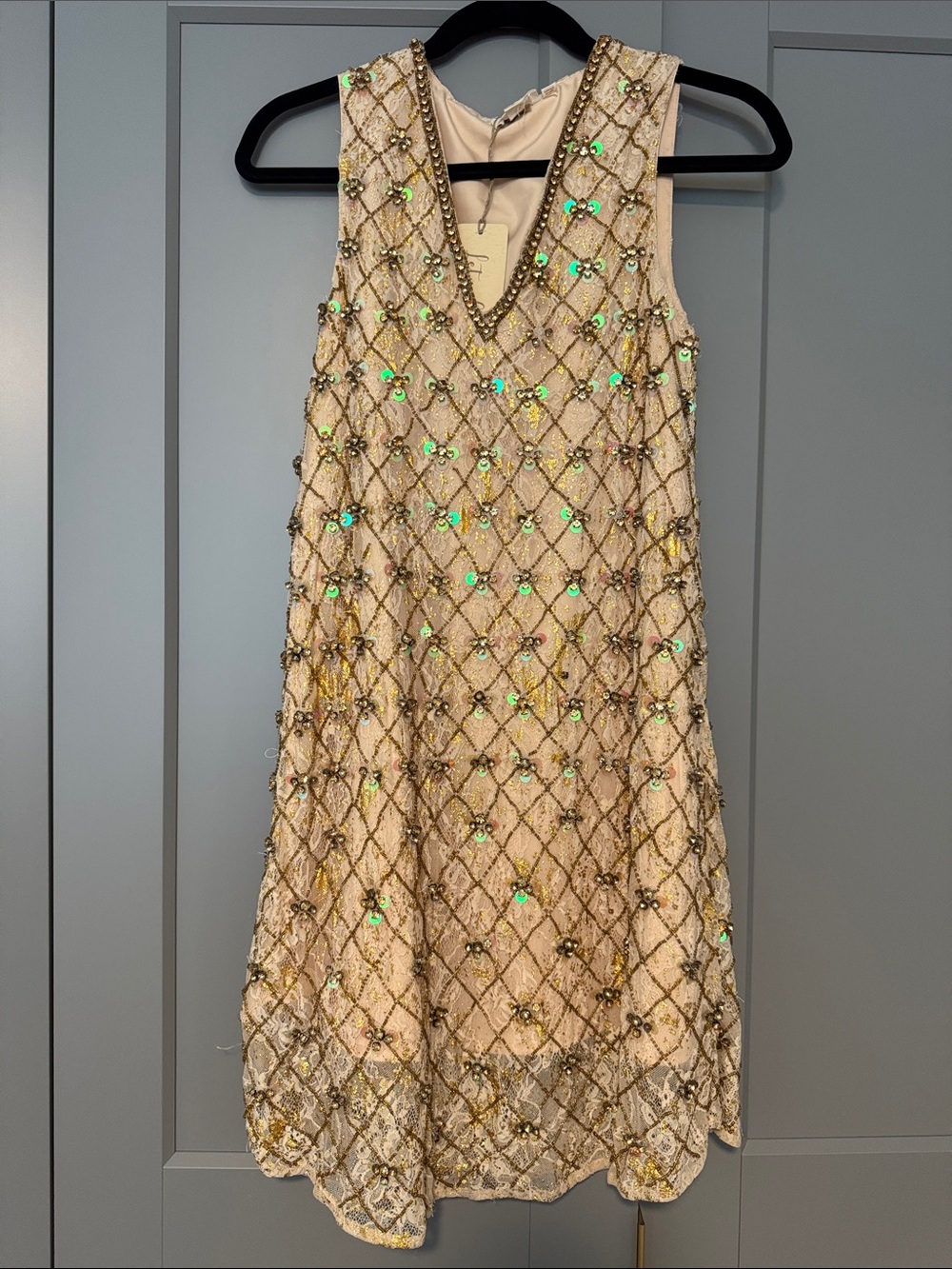 Anthropologie Champagne Beaded V-Neck Sleeveless Dress